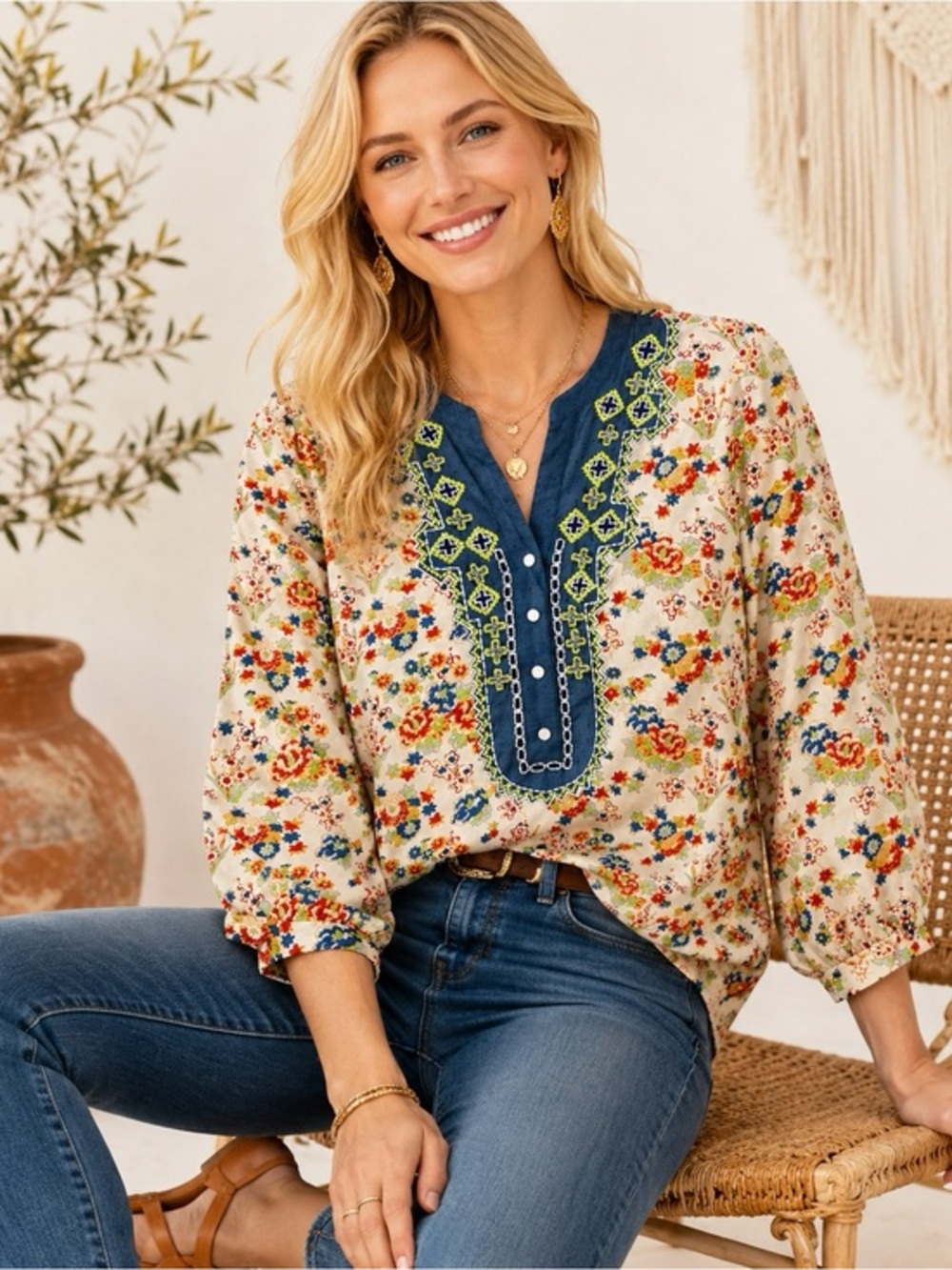 Sundance Cottagecore Silk Boho Chic Peasant Embroidered Floral Top, Size Small